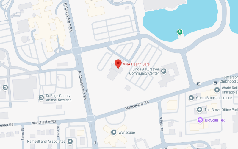 Map of Wheaton, IL with VNA Health Care center