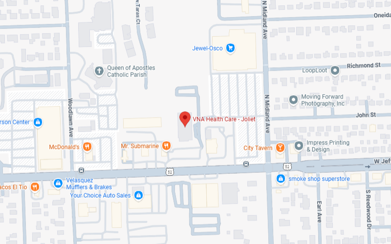 Map of Joliet, IL with VNA Health Care center