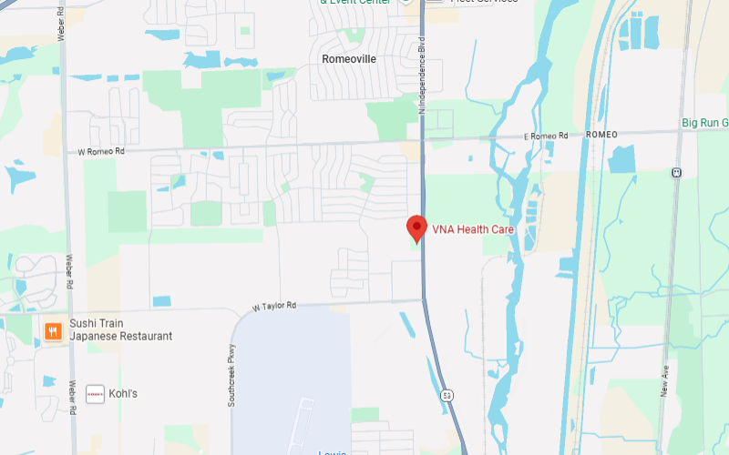 Map of Romeoville, IL with VNA Health Care center