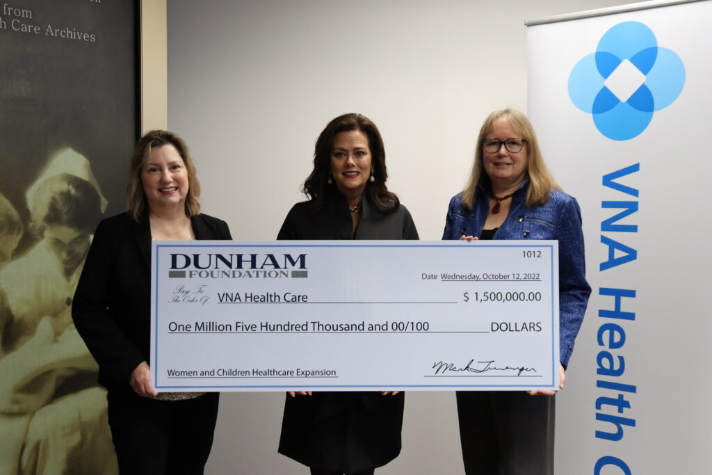 Pictured from left to right: Linnea Windel, VNA President and CEO; Vicki Morcos, Dunham Foundation President and CEO; and Chrissie Howorth, VNA Philanthropy and Grants Management